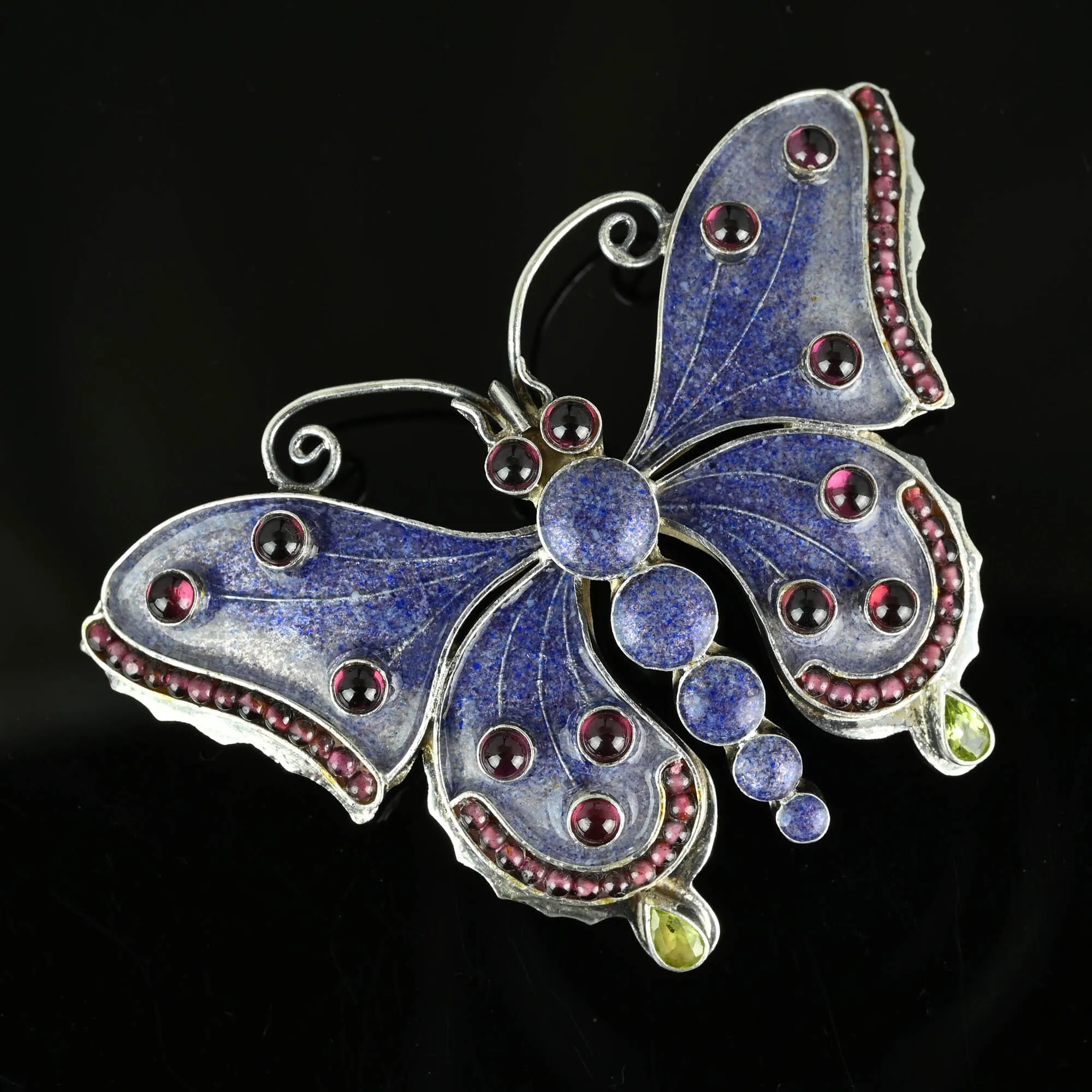 Silver Garnet Cabochon Peridot Enamel Butterfly Brooch