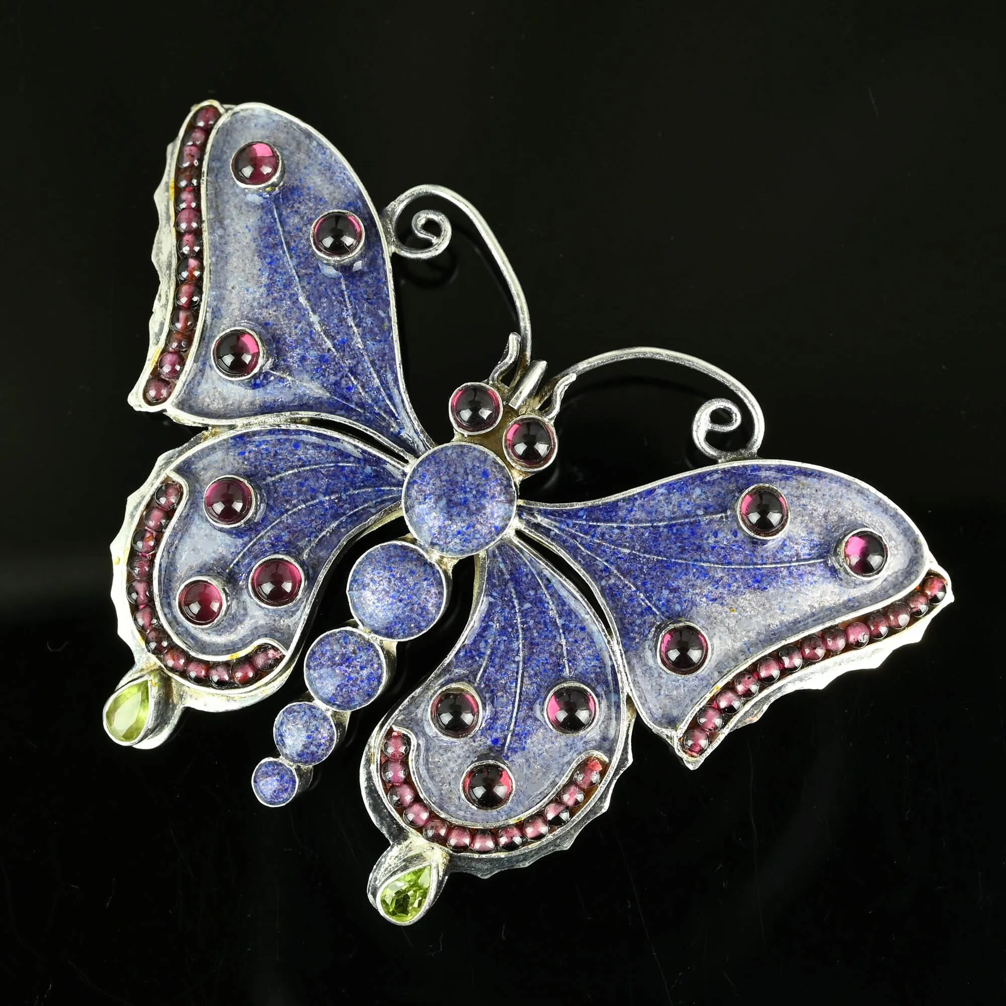 Silver Garnet Cabochon Peridot Enamel Butterfly Brooch