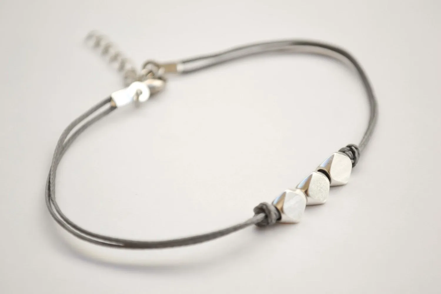 Silver nuggets anklet, gray cord, handmade gift for her
