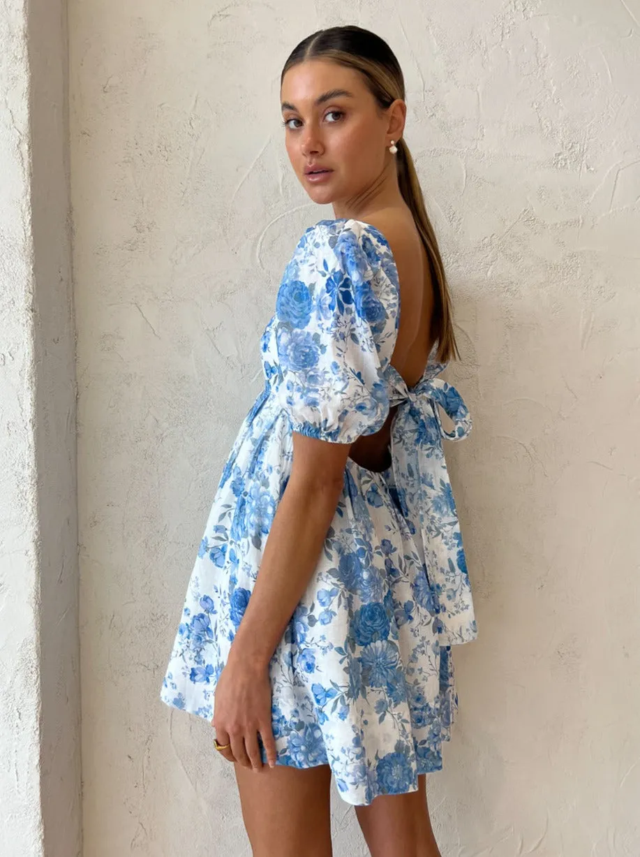 Sofia The Label Aerin Open Back Tie Mini Dress in Sky Blue Floral