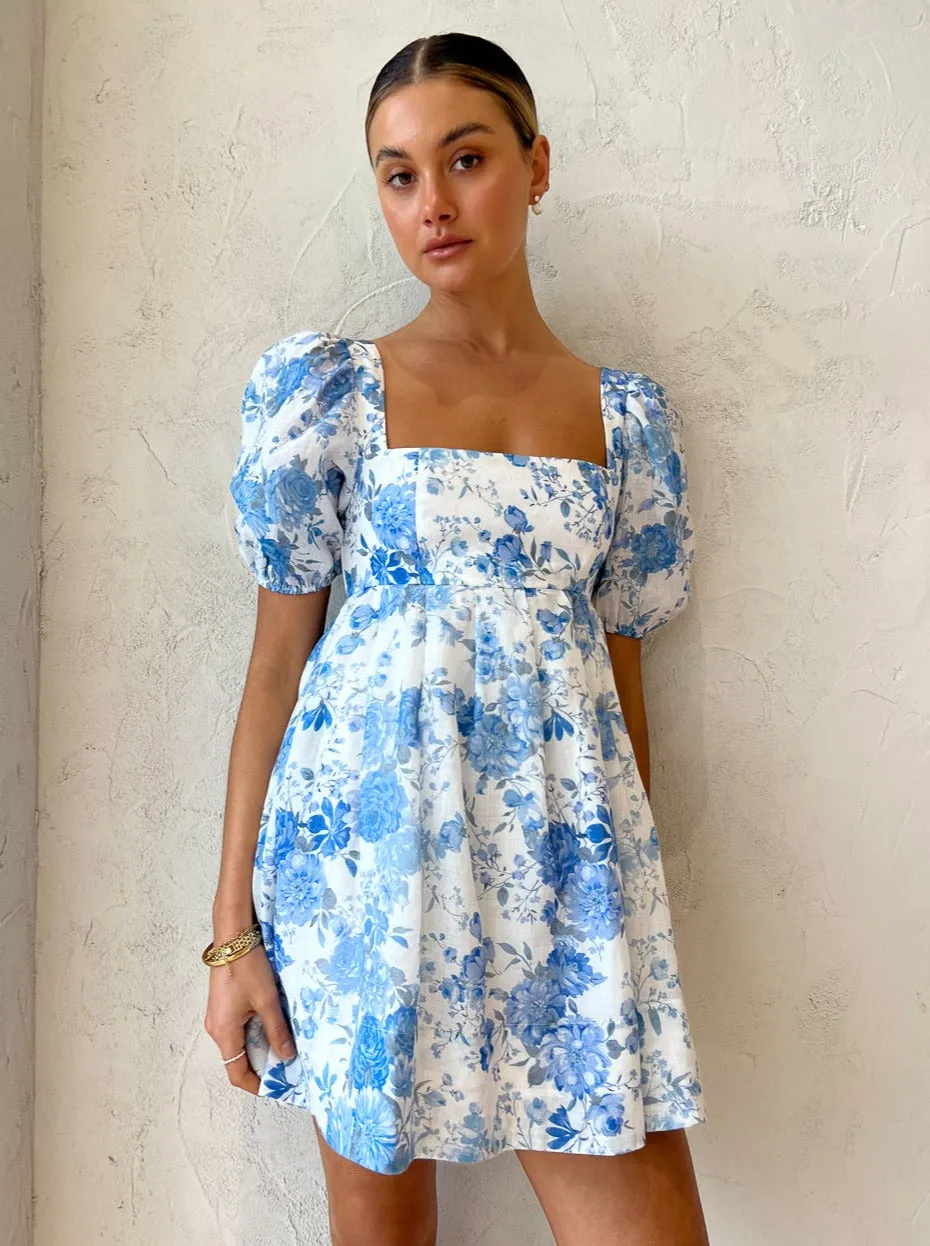 Sofia The Label Aerin Open Back Tie Mini Dress in Sky Blue Floral