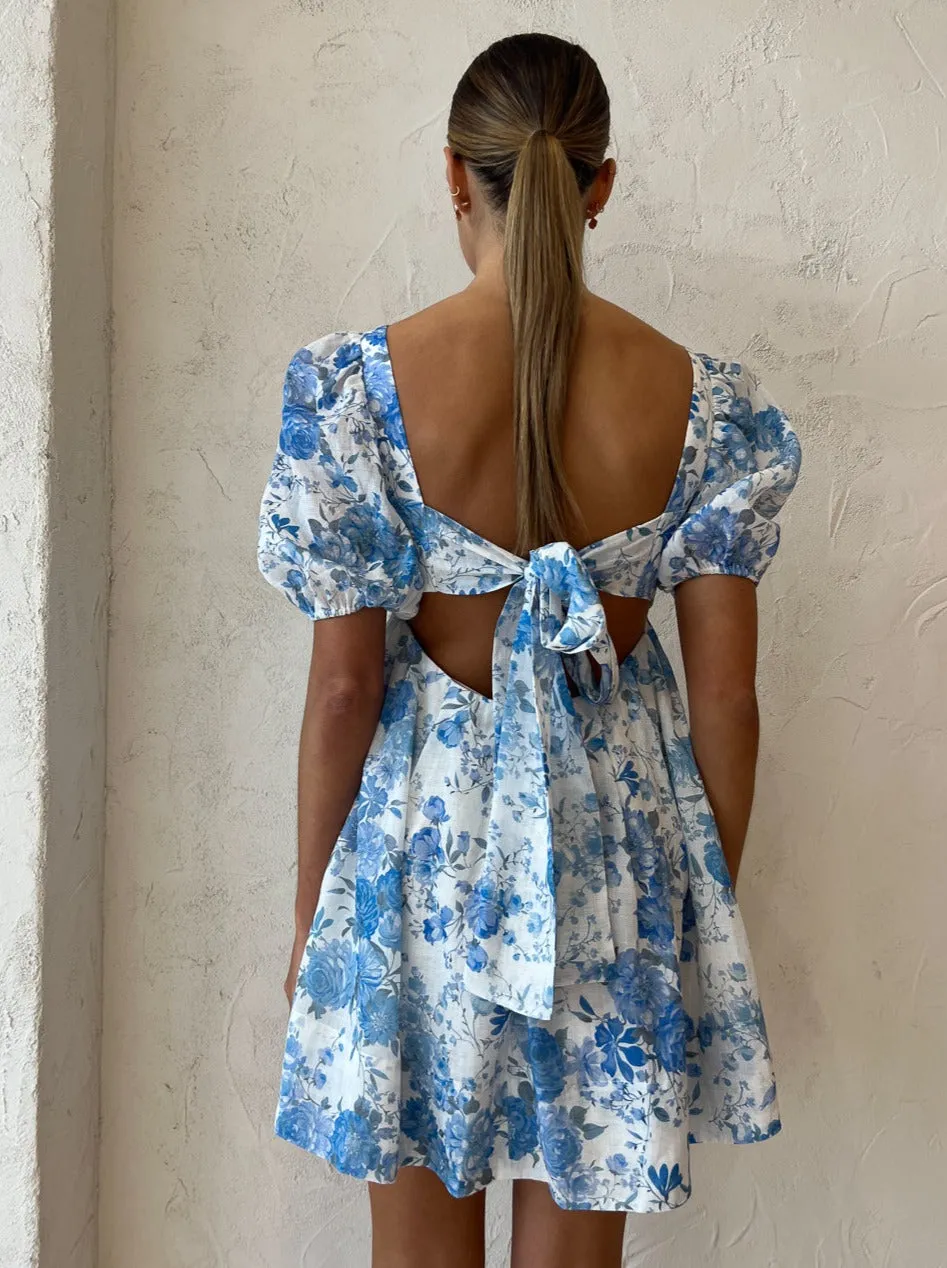Sofia The Label Aerin Open Back Tie Mini Dress in Sky Blue Floral