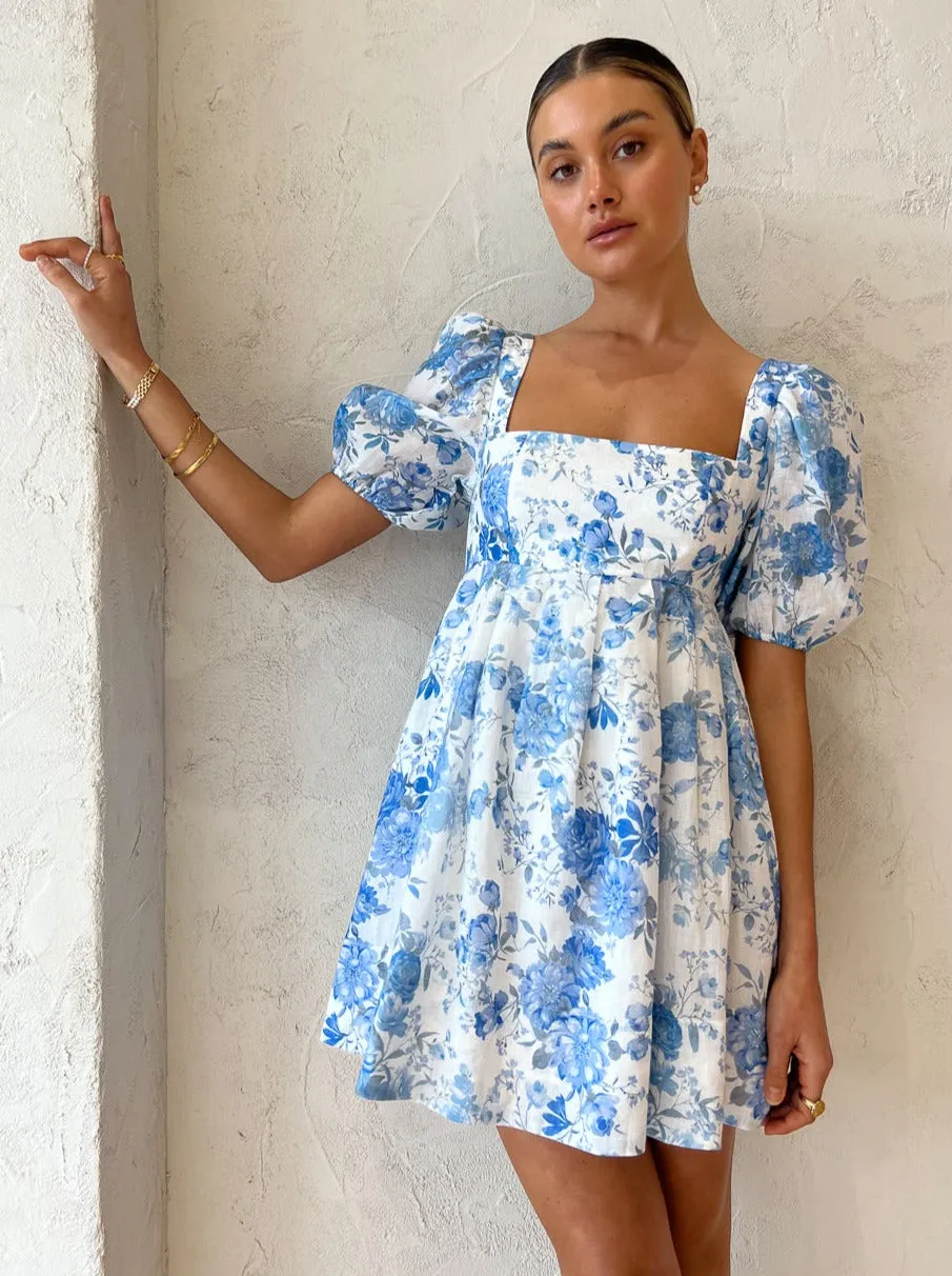 Sofia The Label Aerin Open Back Tie Mini Dress in Sky Blue Floral