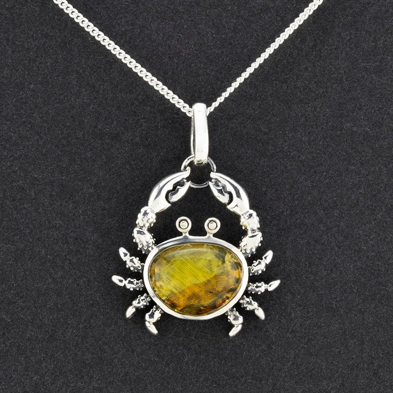 Sterling Silver and Amber Crab Pendant Necklace