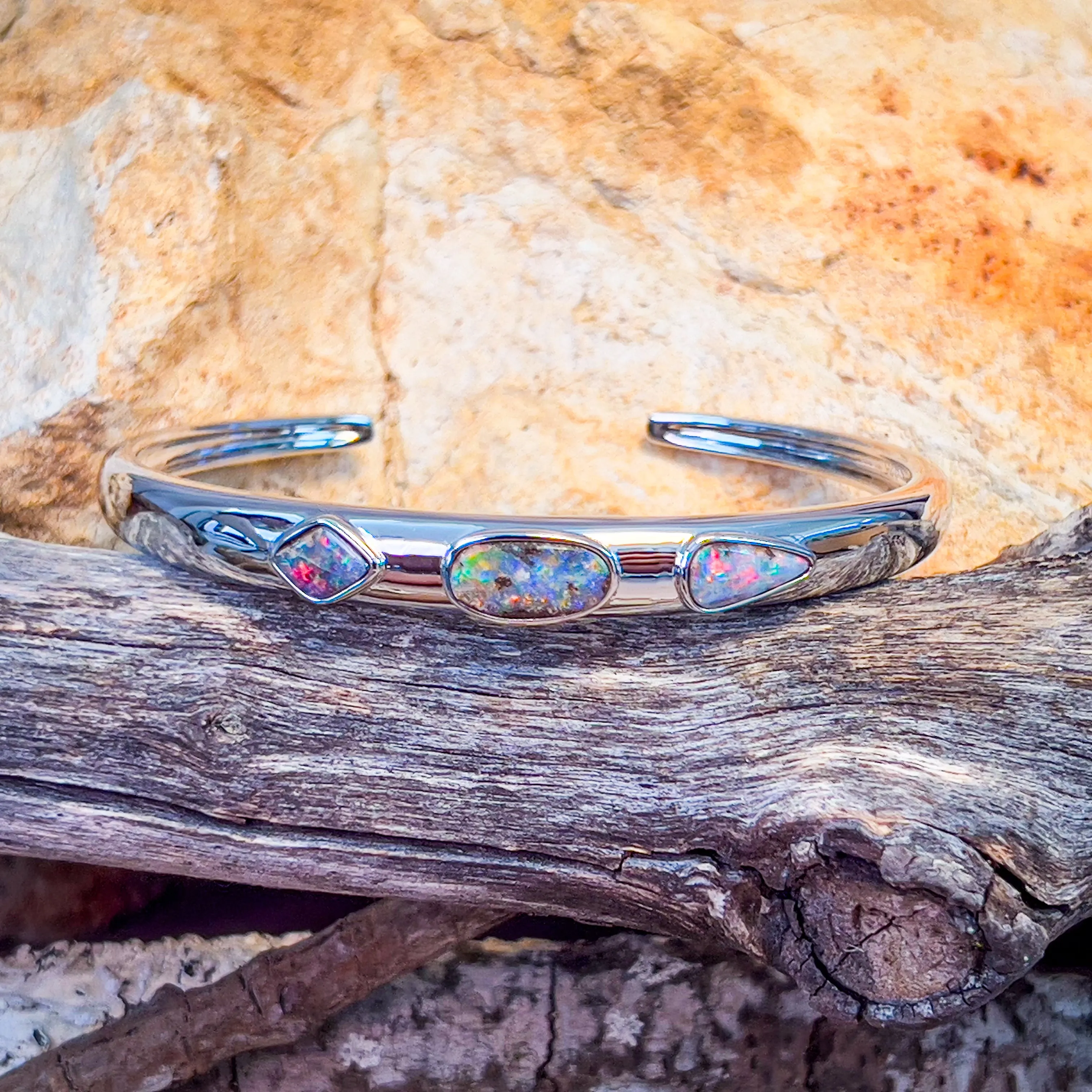 Sterling Silver Boulder Opal 3 stone bangle