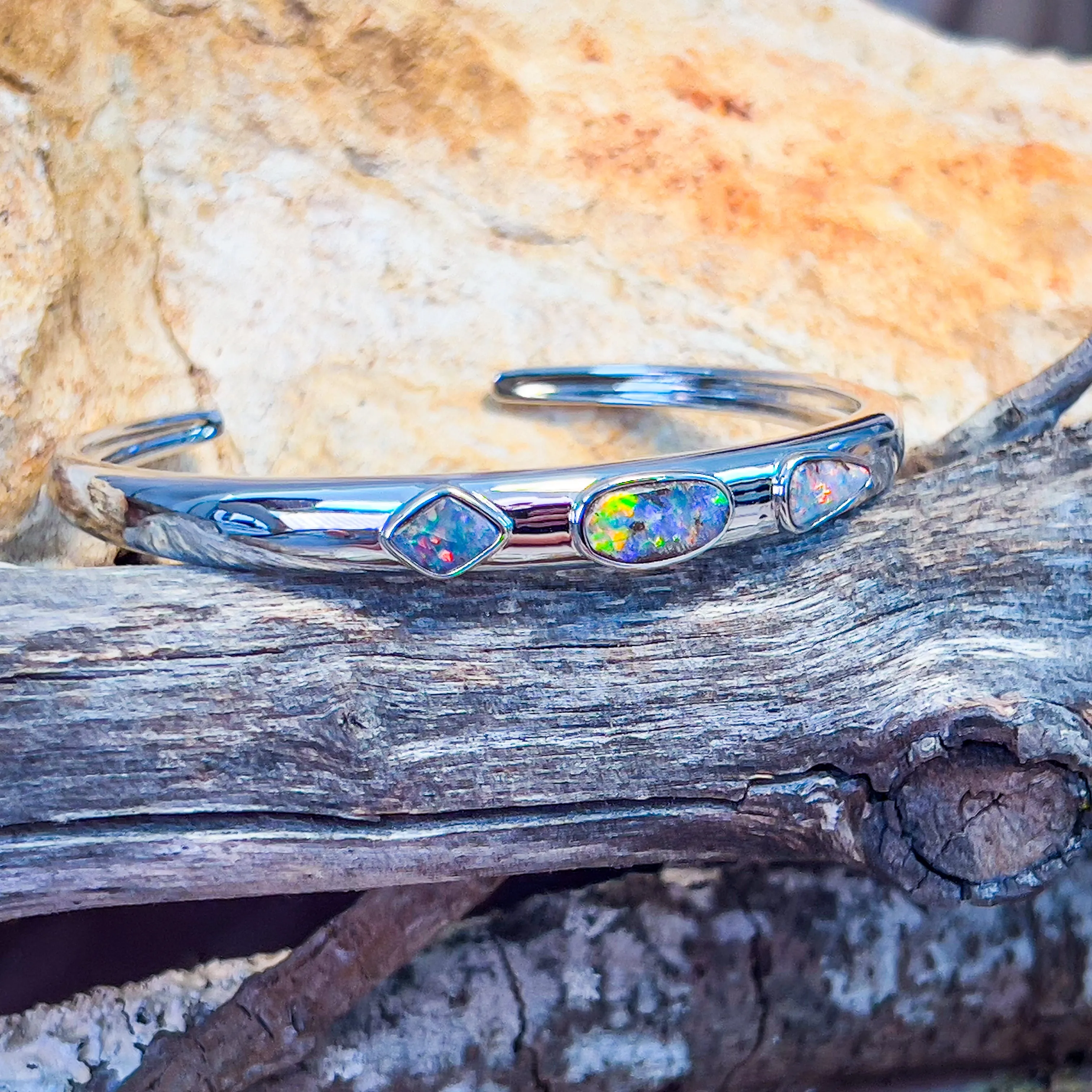 Sterling Silver Boulder Opal 3 stone bangle