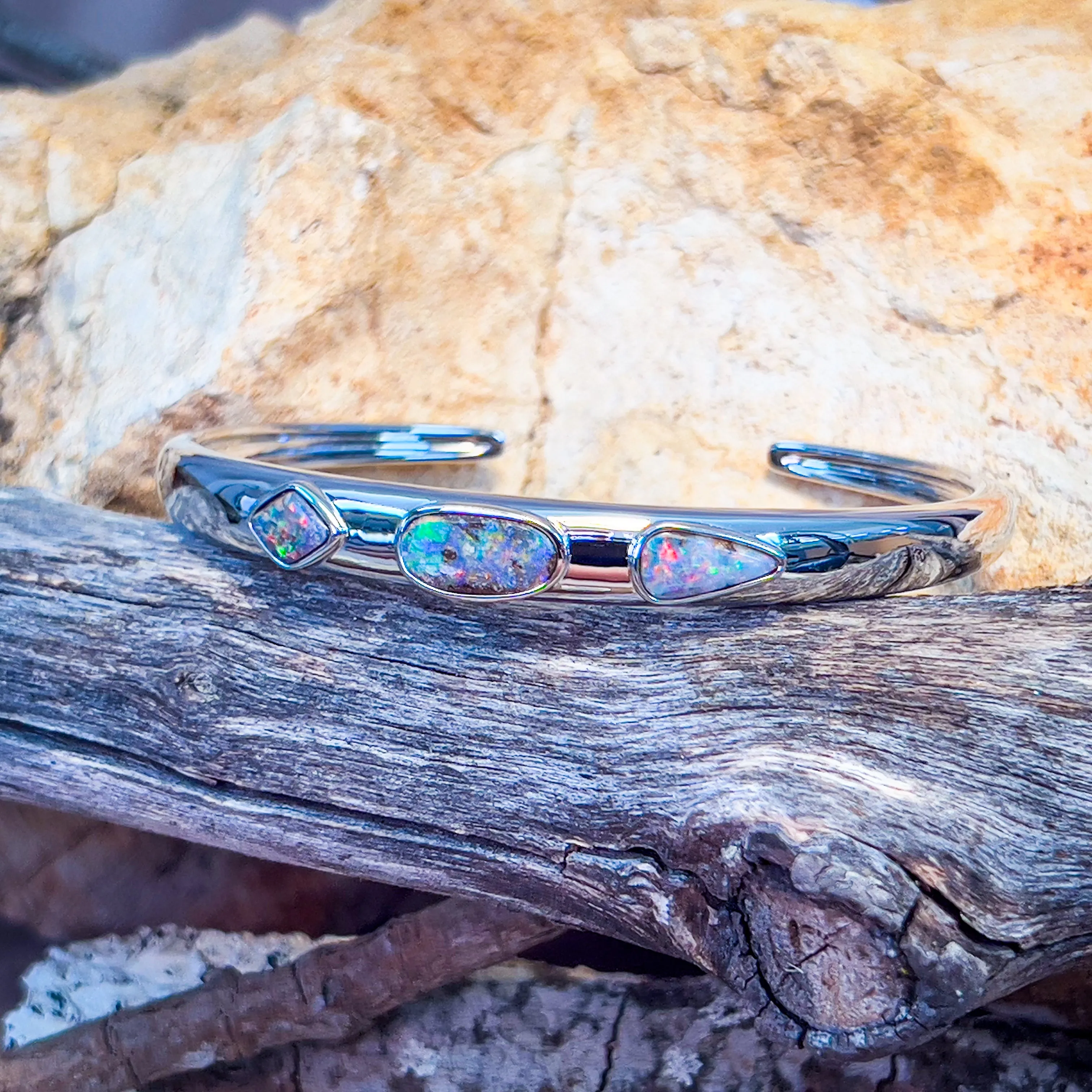 Sterling Silver Boulder Opal 3 stone bangle