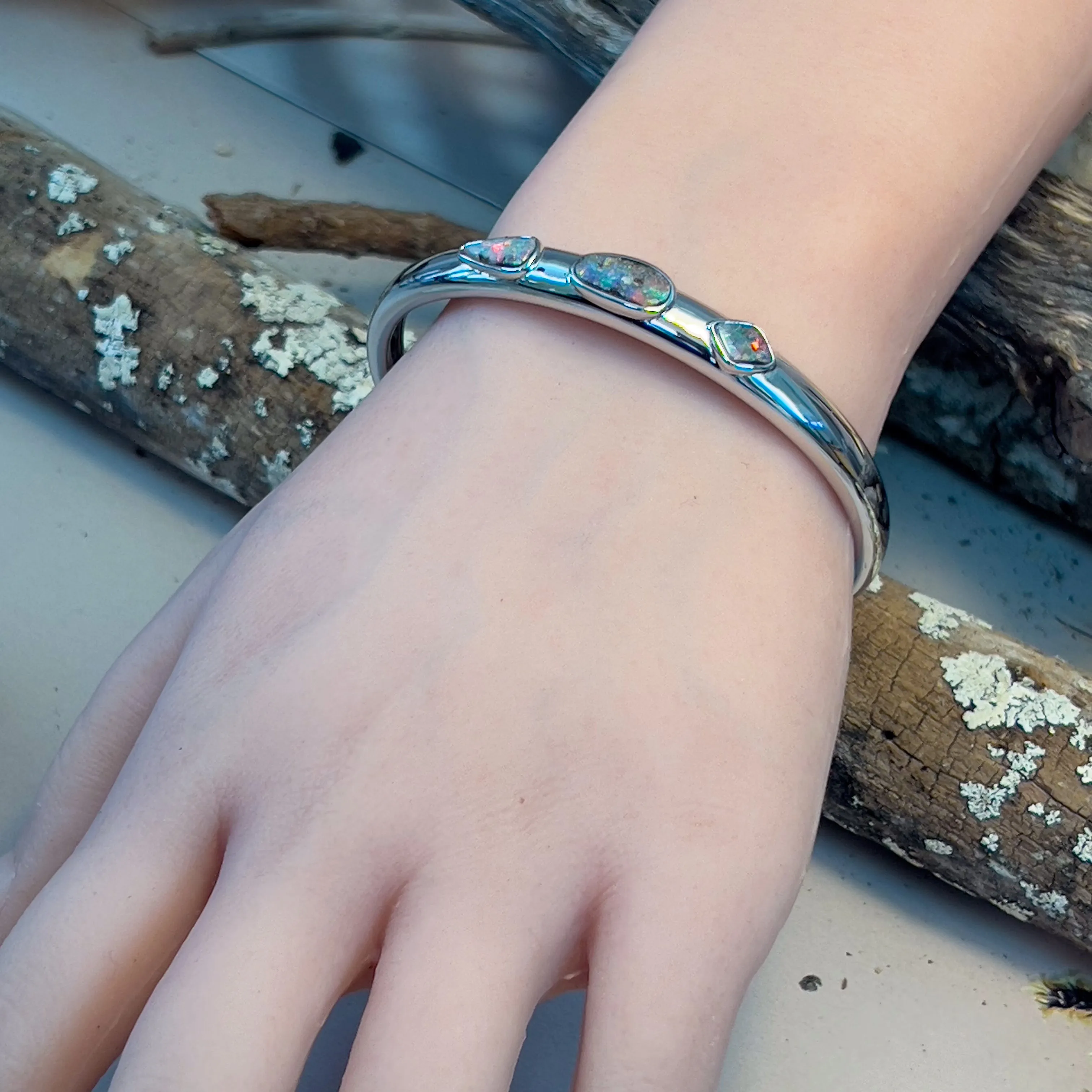 Sterling Silver Boulder Opal 3 stone bangle