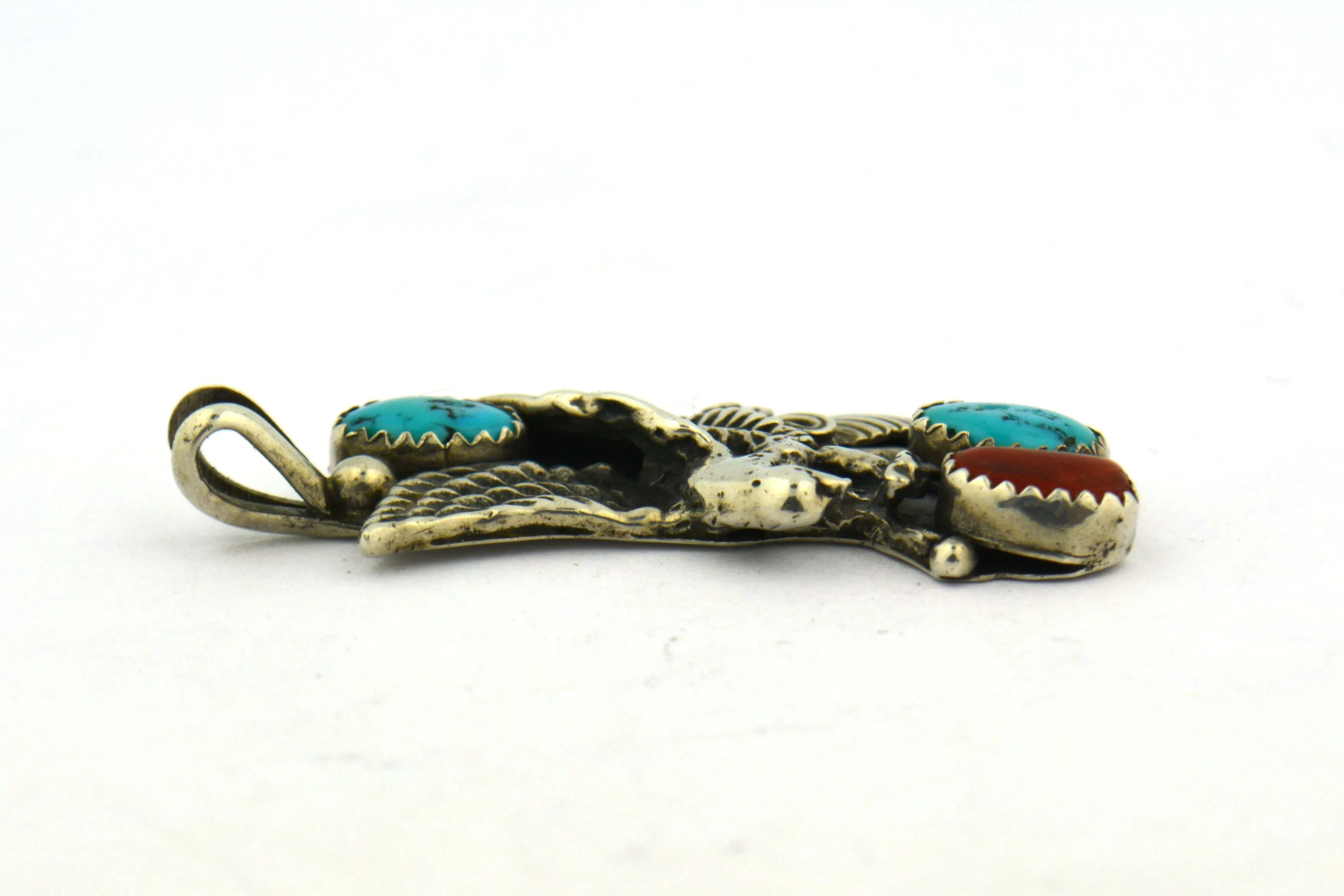 Sterling Silver Native American Pendant Coral and Turquoise Eagle Signed TD Active