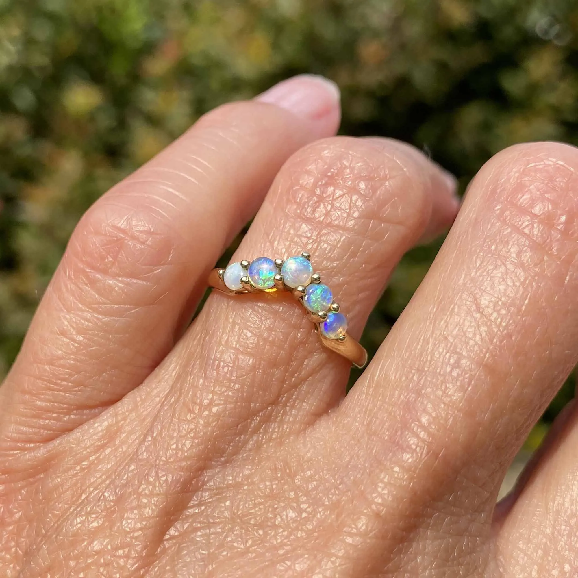Vintage 5 Stone Opal Chevron Wishbone Ring in Gold