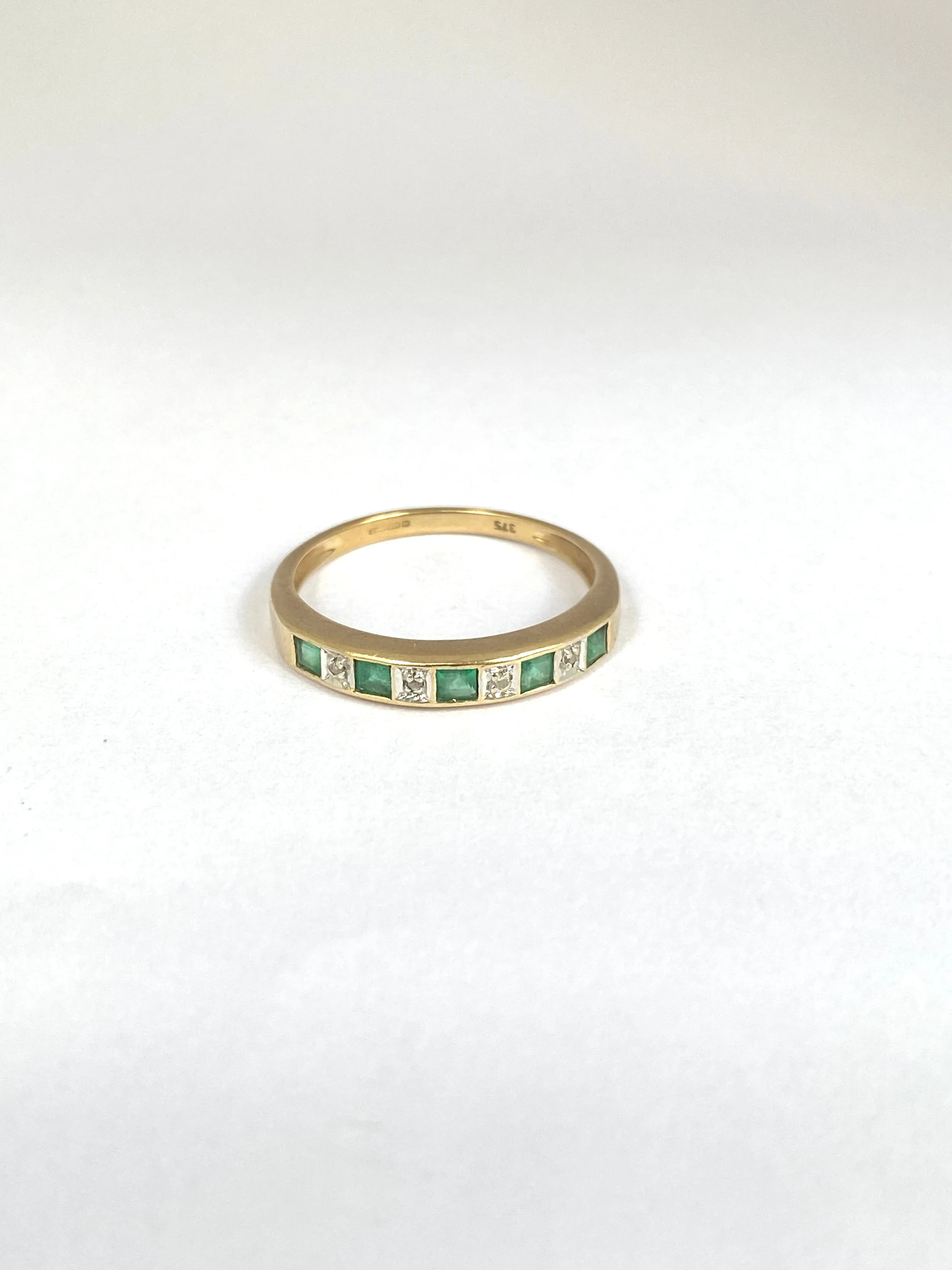Vintage, 9ct Gold Diamond and Emerald Half Eternity Ring