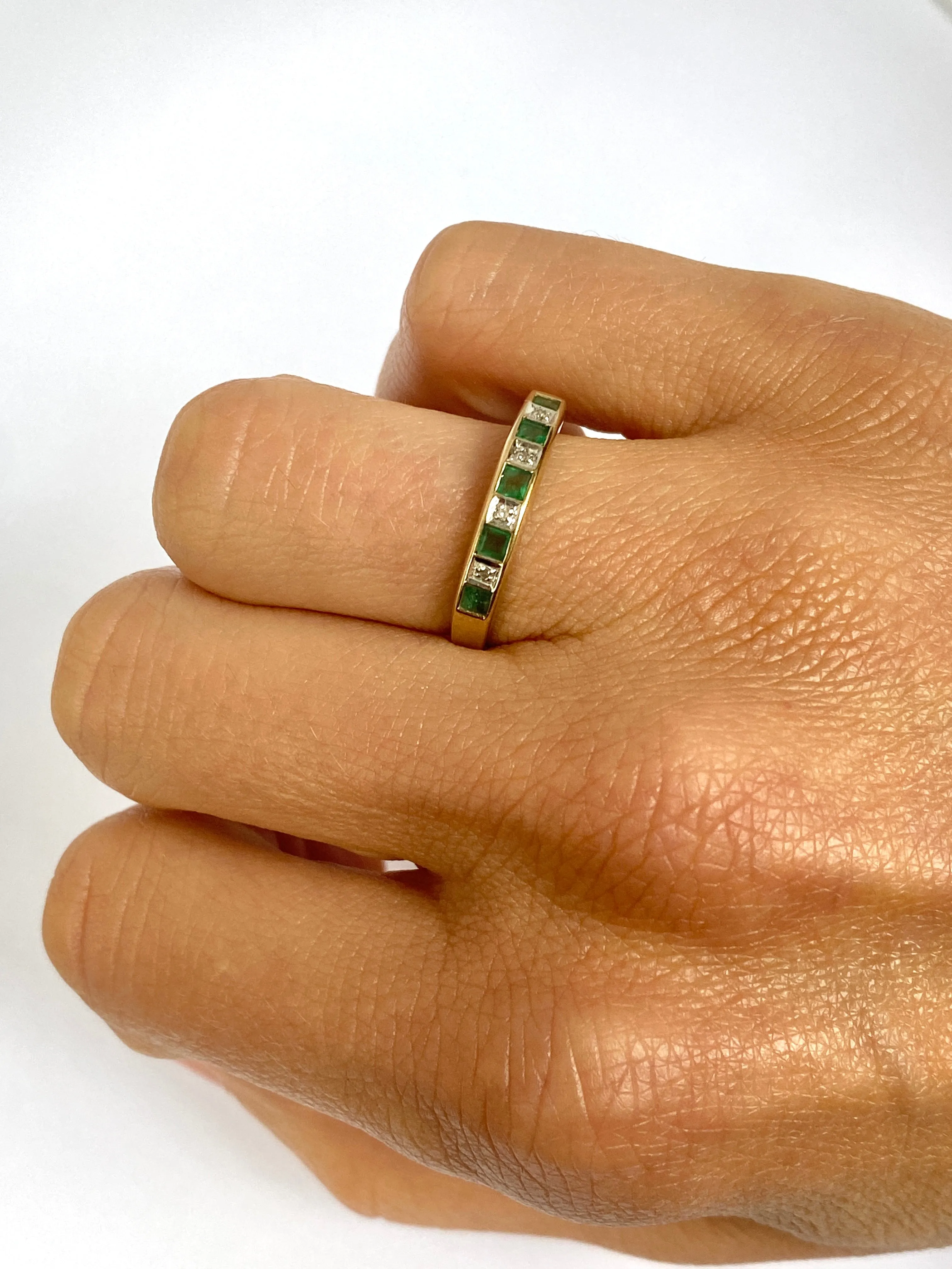 Vintage, 9ct Gold Diamond and Emerald Half Eternity Ring