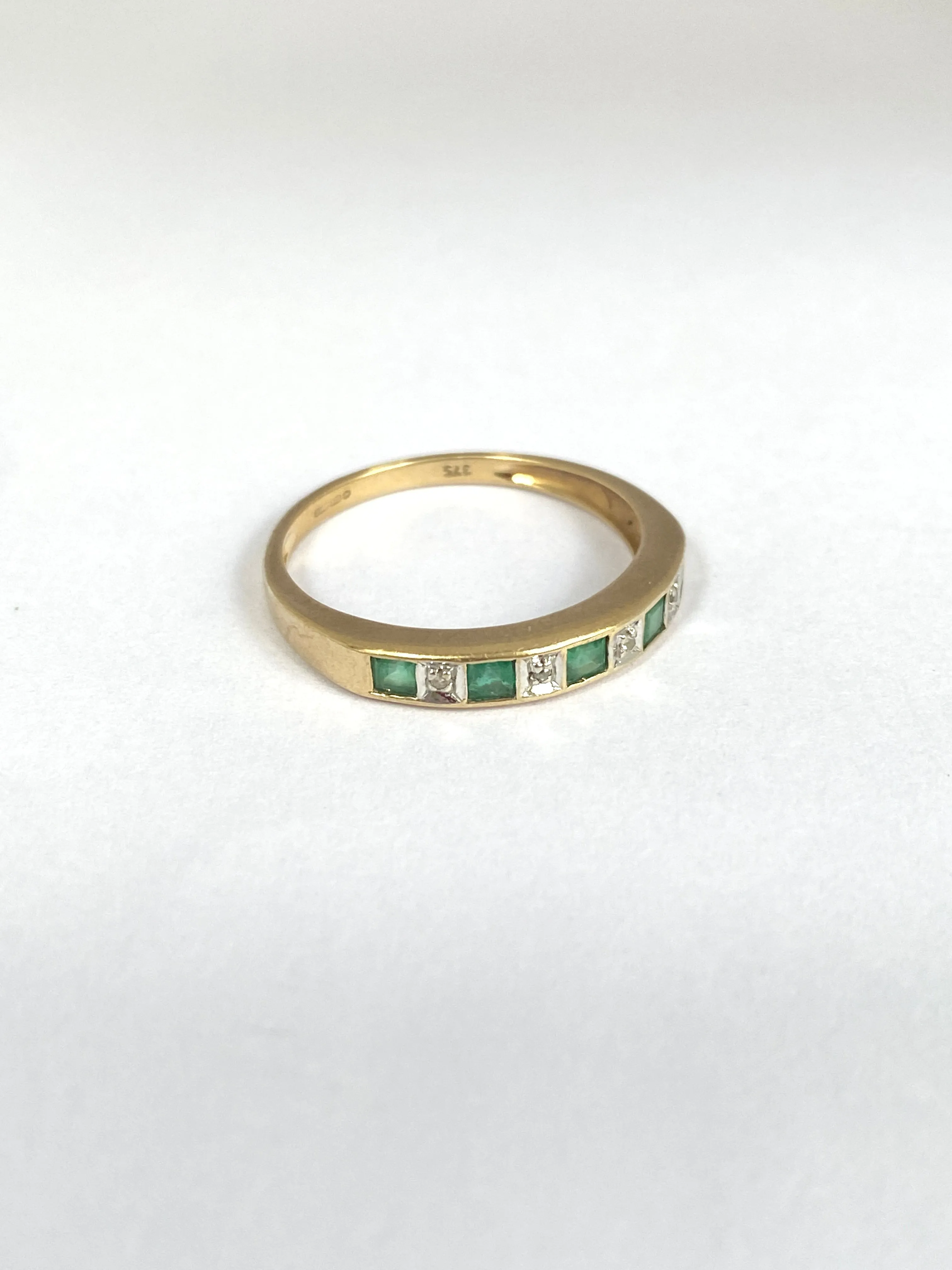 Vintage, 9ct Gold Diamond and Emerald Half Eternity Ring