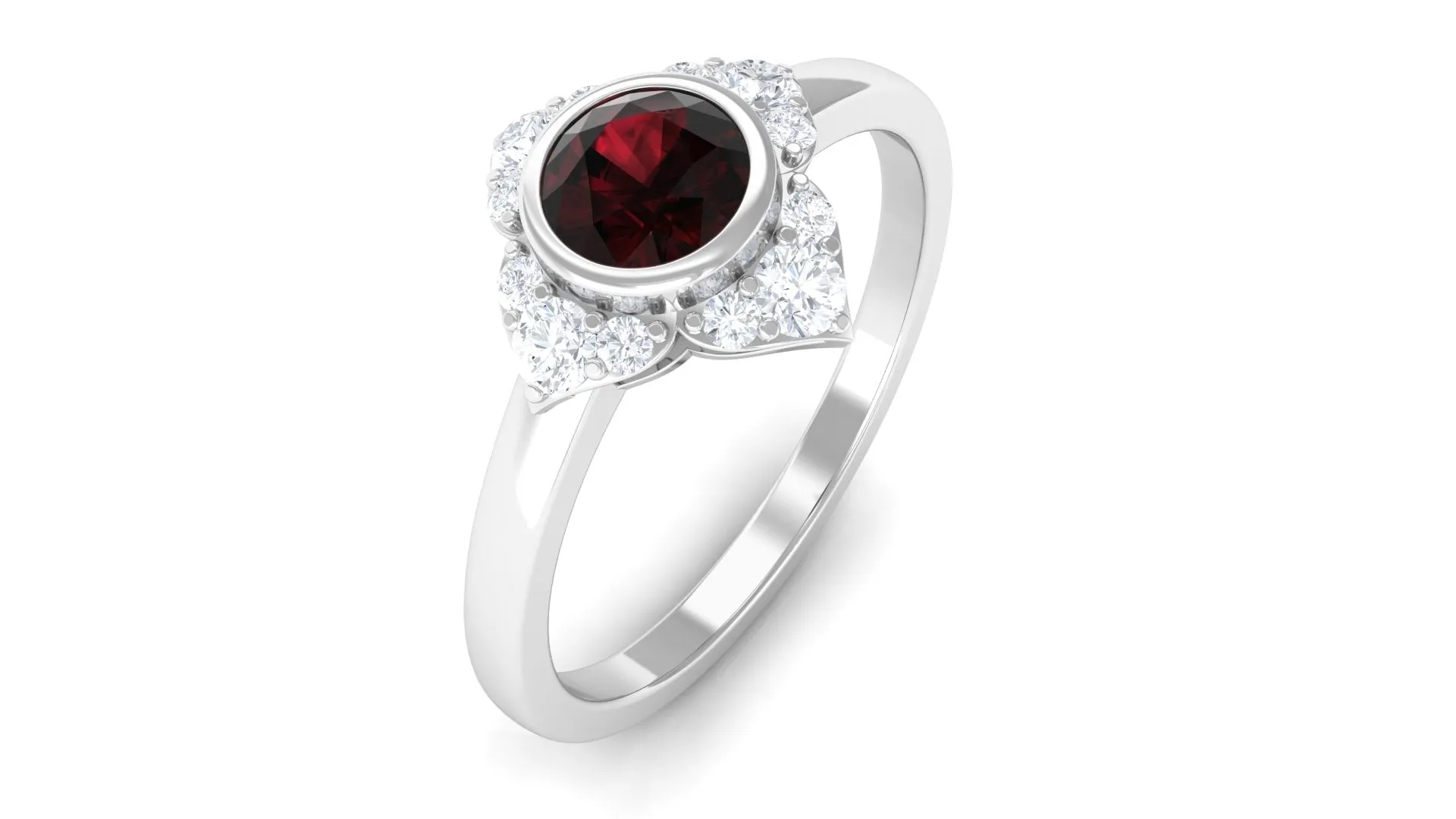 Vintage Inspired Garnet Flower Engagement Ring with Diamond