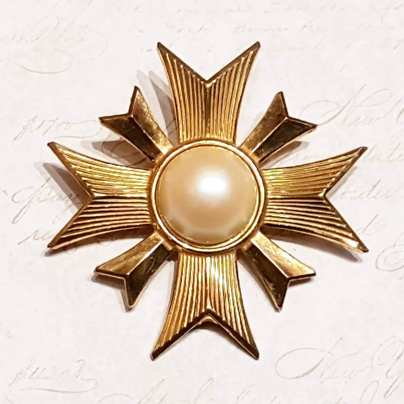 Vintage Miriam Haskell Gold and Pearl Maltese Cross Brooch Signed