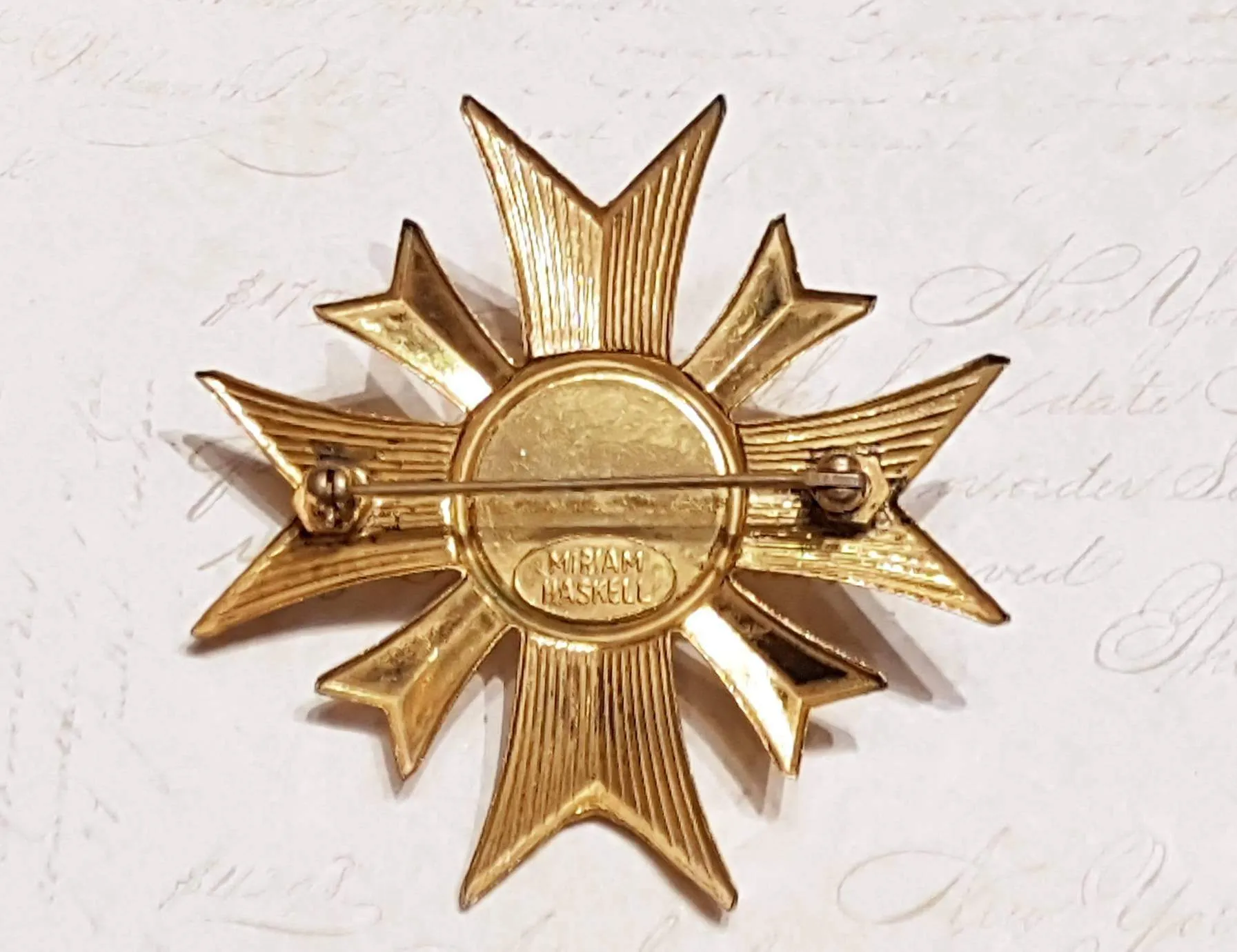 Vintage Miriam Haskell Gold and Pearl Maltese Cross Brooch Signed