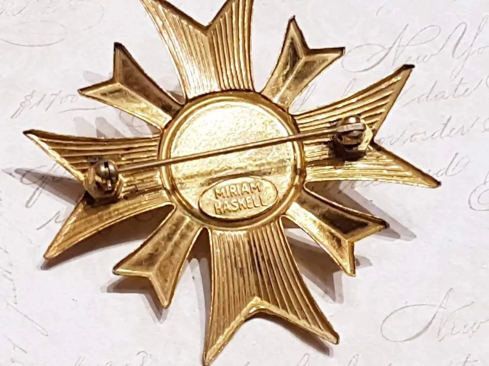 Vintage Miriam Haskell Gold and Pearl Maltese Cross Brooch Signed