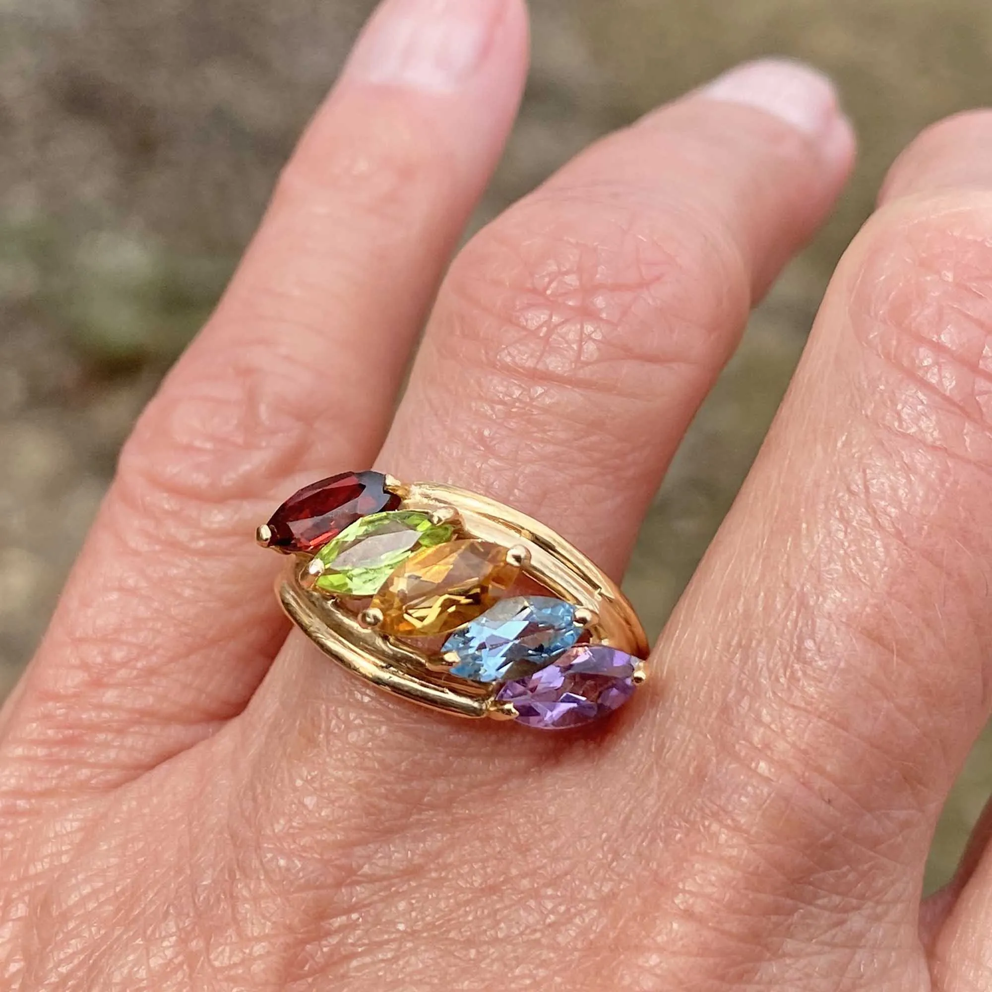 Vintage Multi Gemstone Bypass Ring in 14K Gold