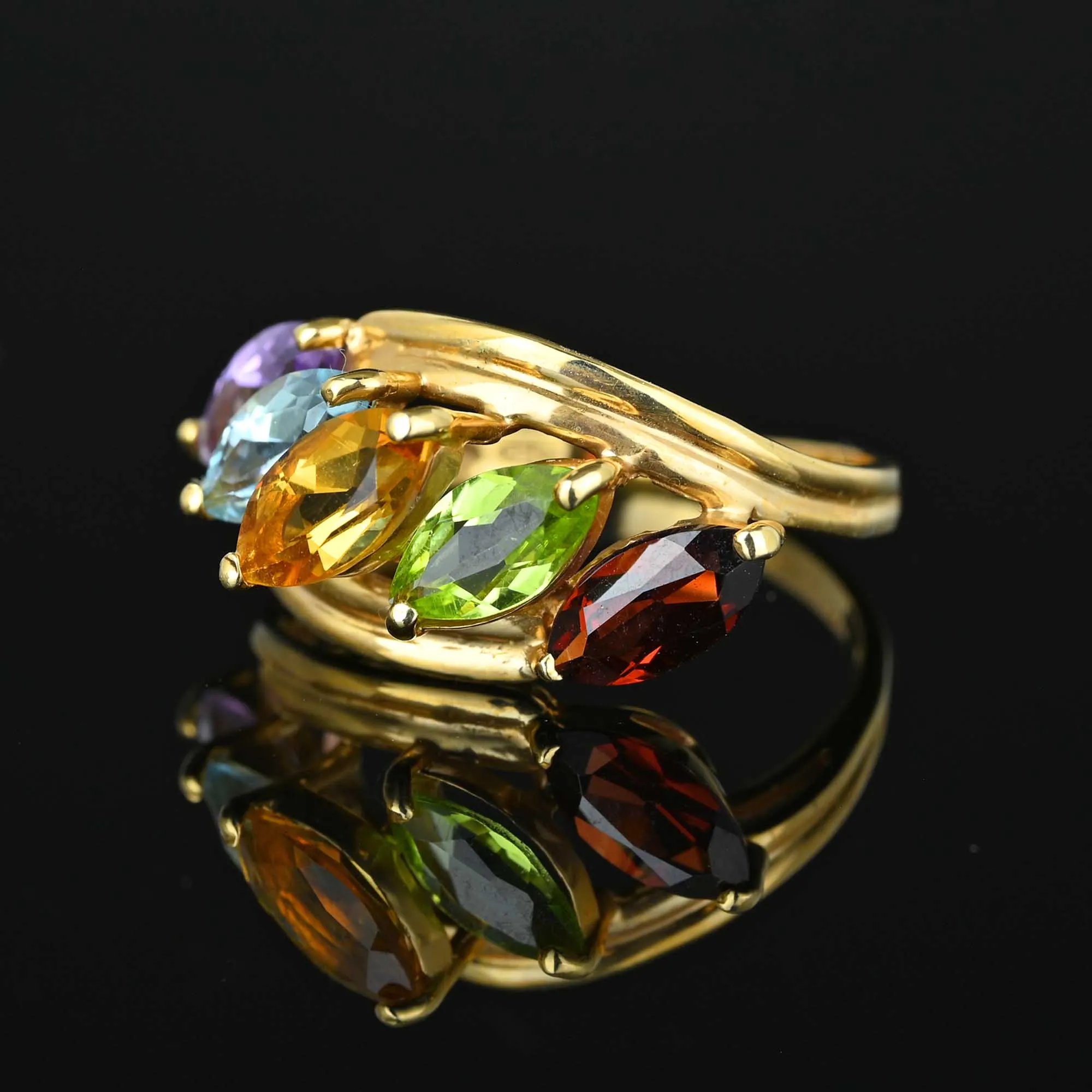 Vintage Multi Gemstone Bypass Ring in 14K Gold