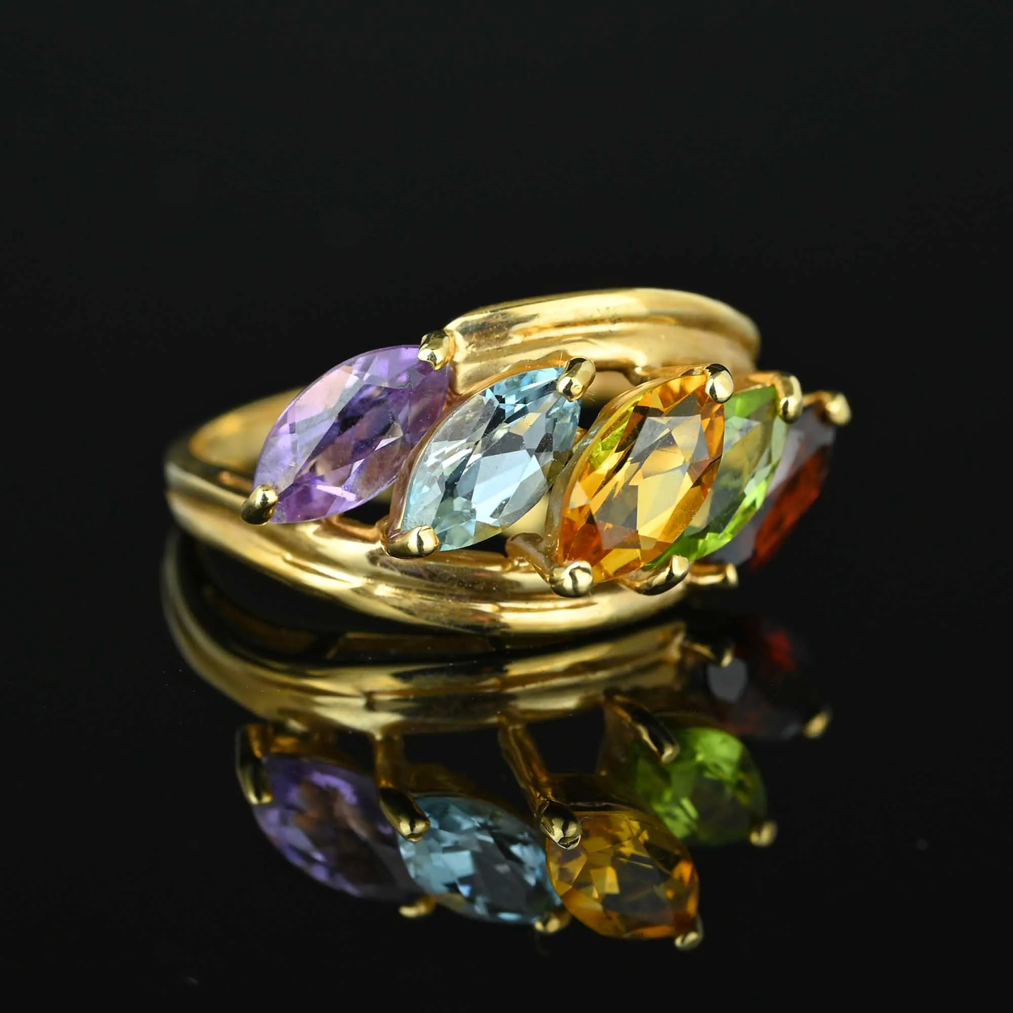 Vintage Multi Gemstone Bypass Ring in 14K Gold