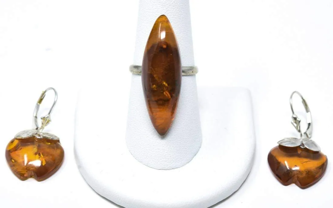 Vintage Sterling Silver & Amber Earrings & Ring