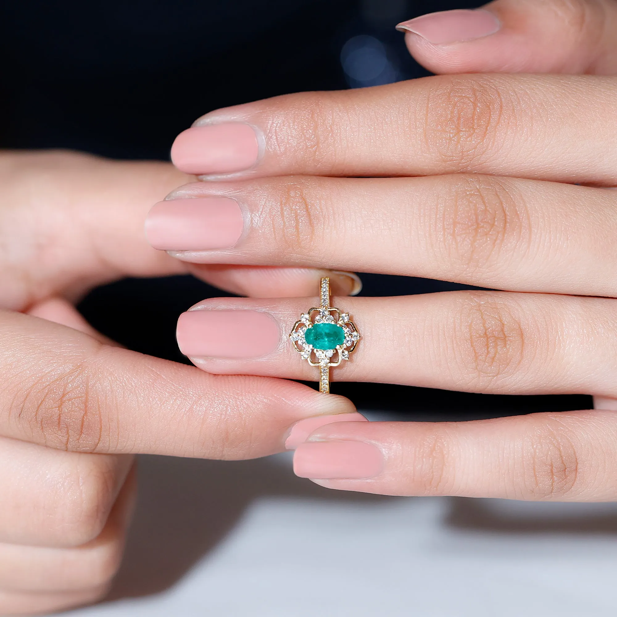 Vintage Style Emerald and Diamond Flower Engagement Ring