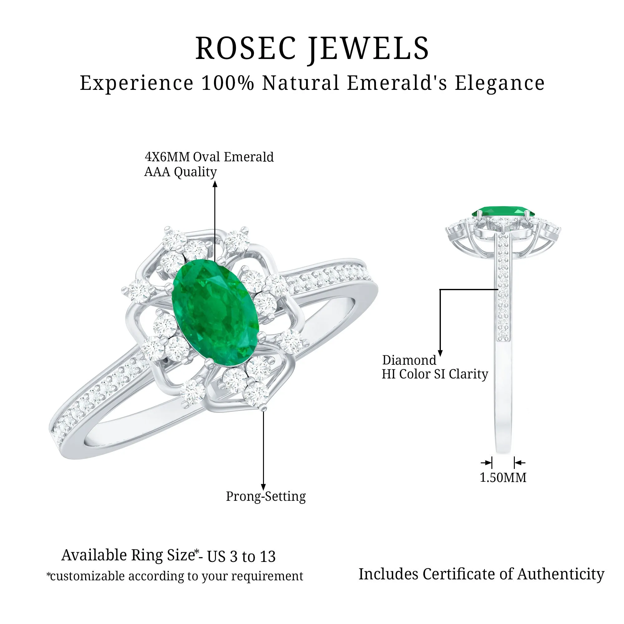 Vintage Style Emerald and Diamond Flower Engagement Ring