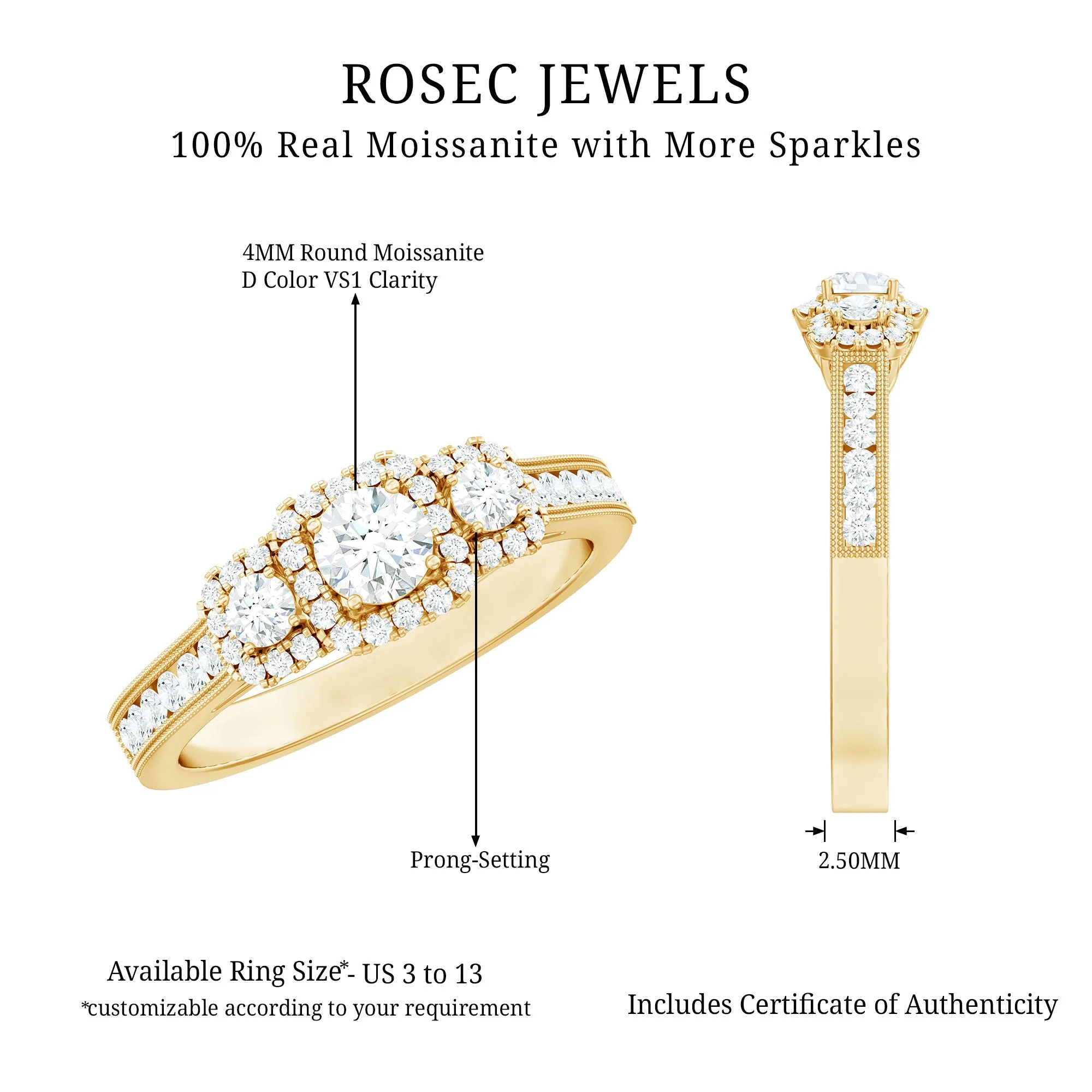Vintage Style Moissanite 3 Stone Engagement Ring