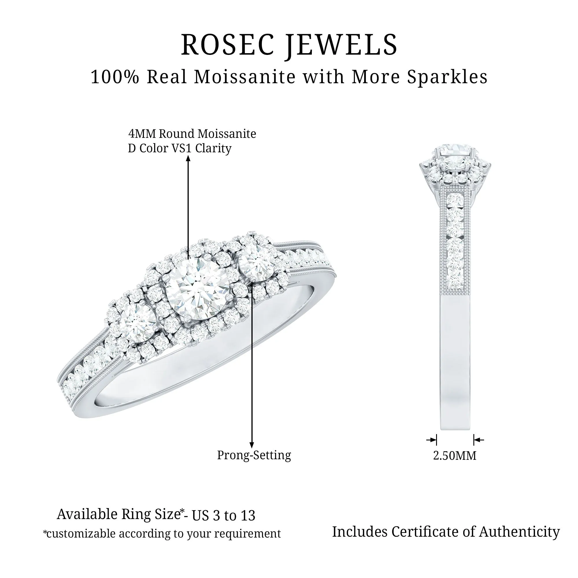 Vintage Style Moissanite 3 Stone Engagement Ring