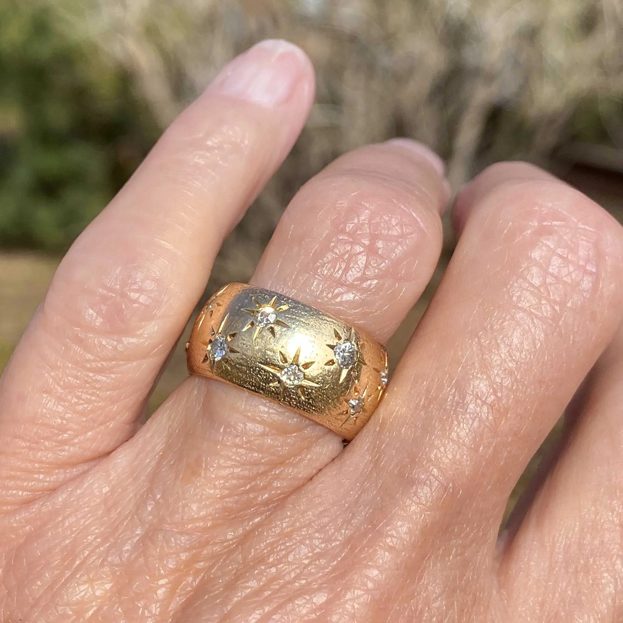 Vintage Wide 14K Gold Star Diamond Band Ring