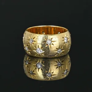 Vintage Wide 14K Gold Star Diamond Band Ring