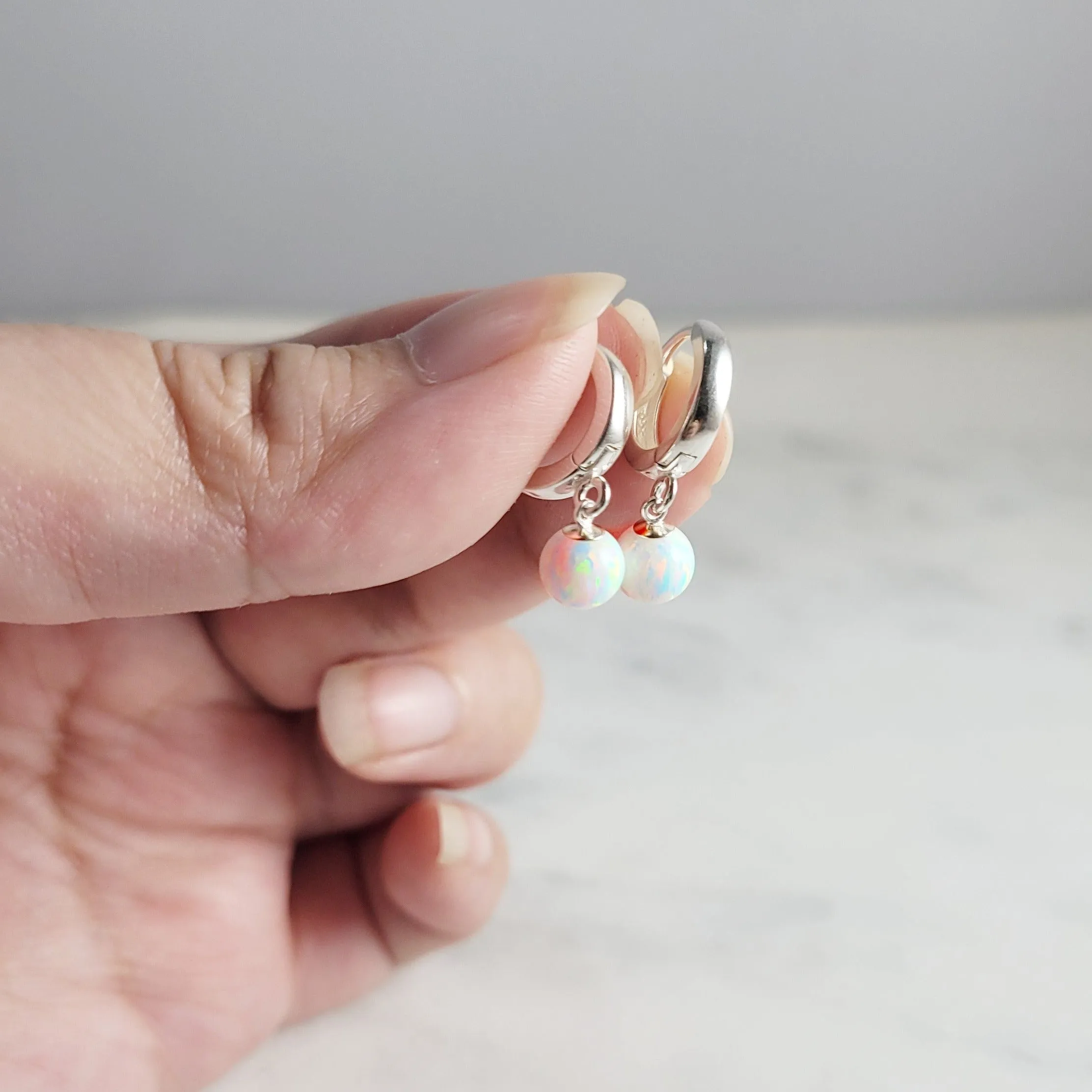 White Opal Ball Hoop Huggie Earrings
