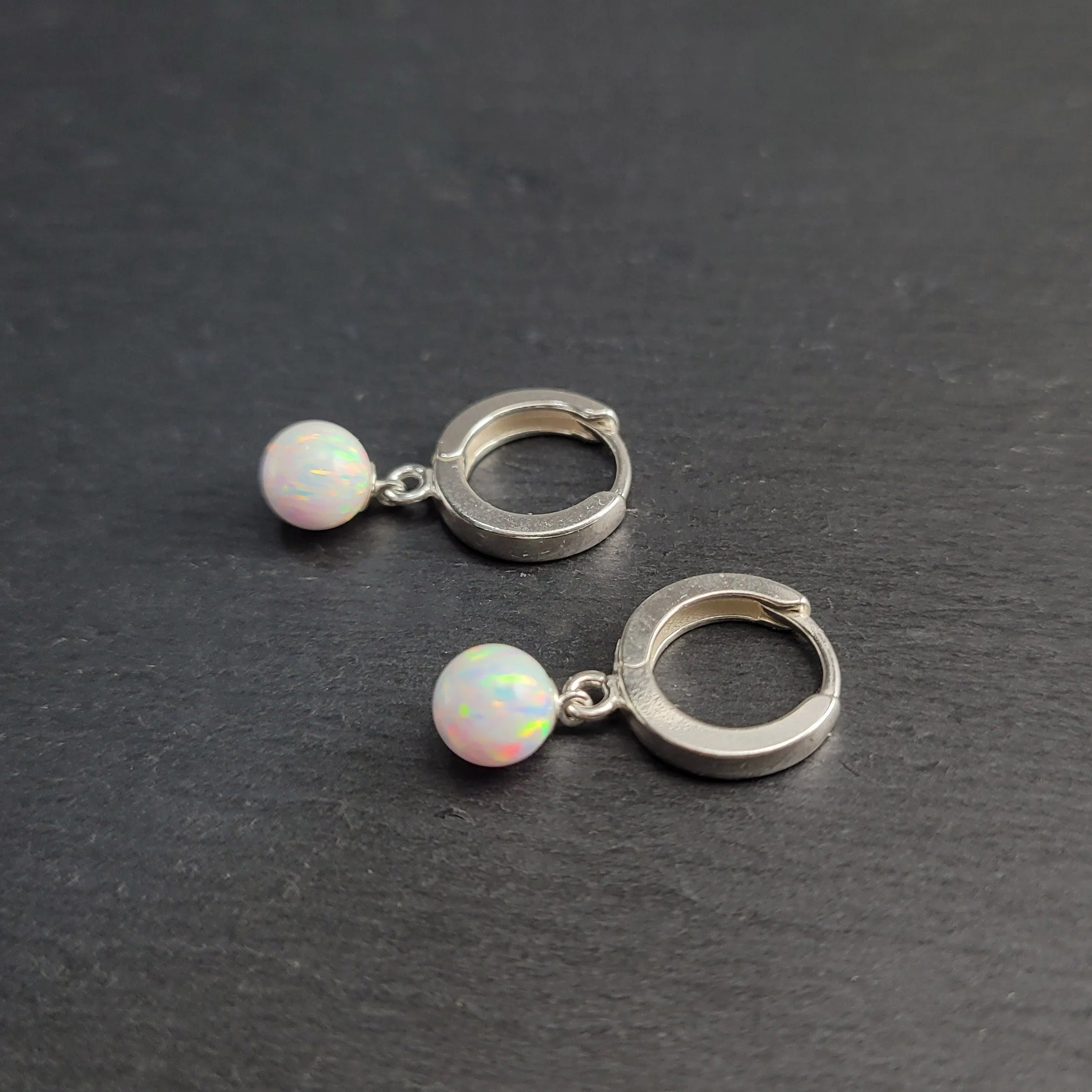 White Opal Ball Hoop Huggie Earrings