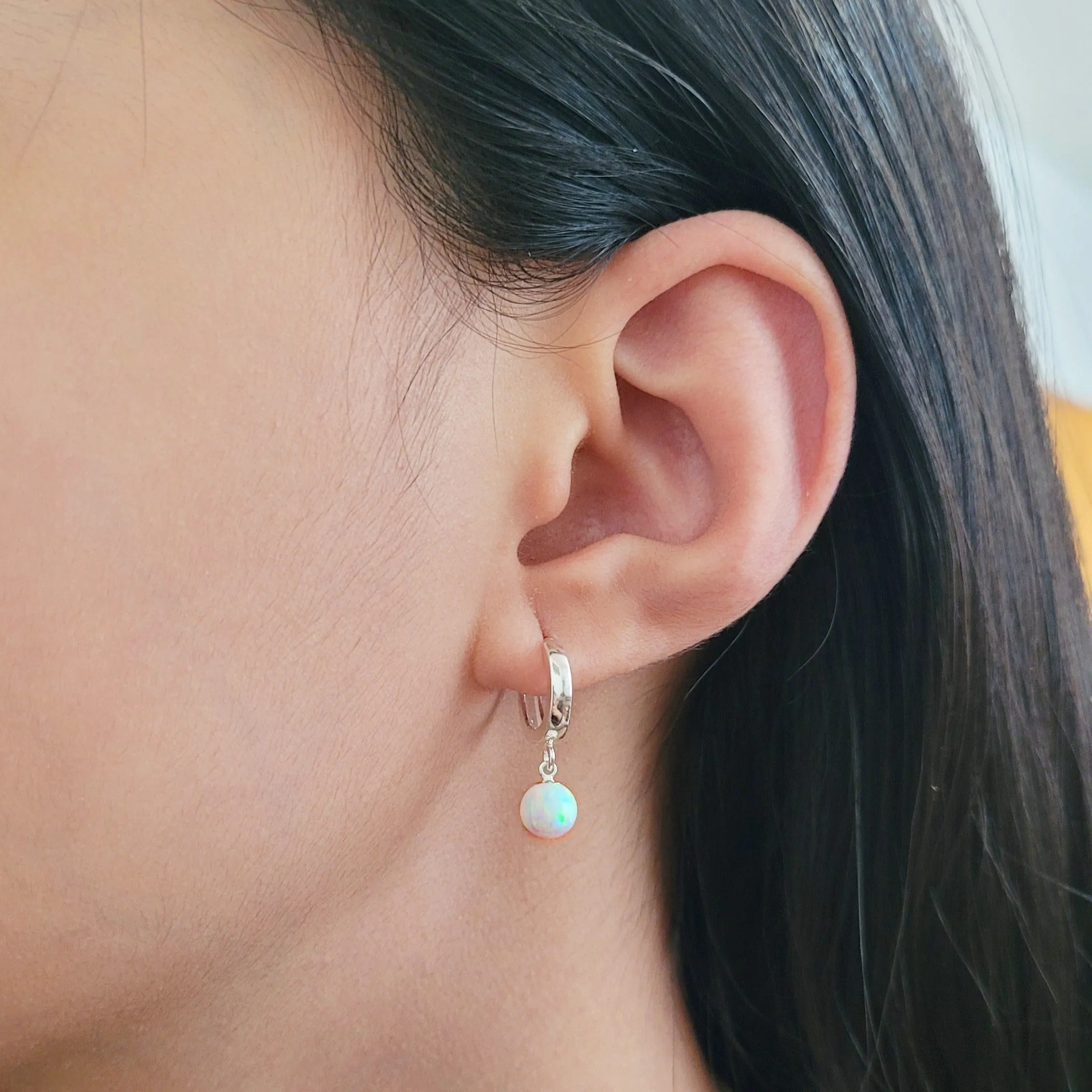 White Opal Ball Hoop Huggie Earrings