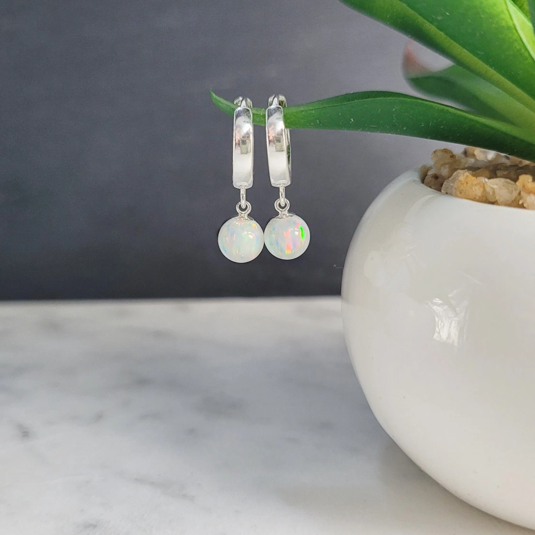 White Opal Ball Hoop Huggie Earrings